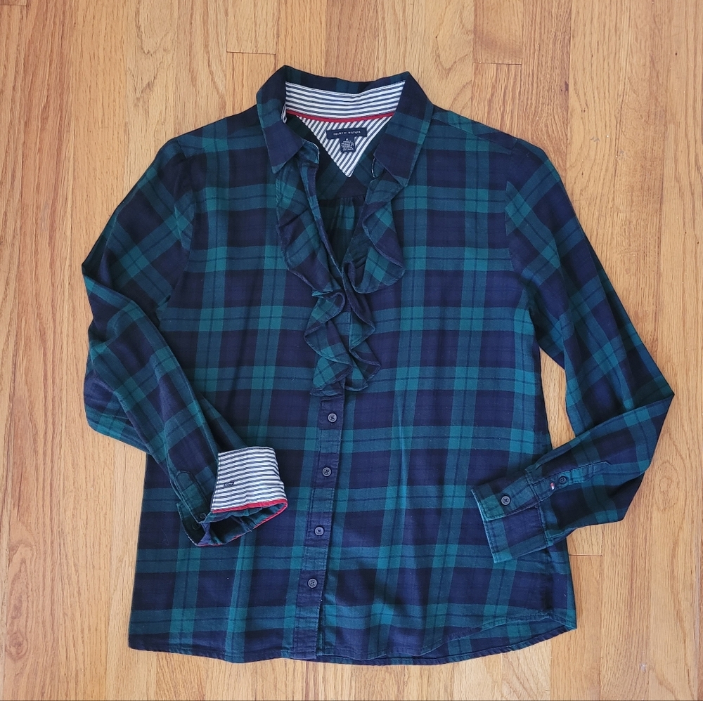 Tommy Hilfiger Women Long Sleeve Plaid Button Shirt Top Size Medium Ruffle